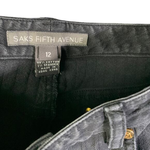 Saks Fifth Avenue Pants Women 40 Black Straight Leg Cotton Jean High-Rise Hemmed - Picture 2 of 7